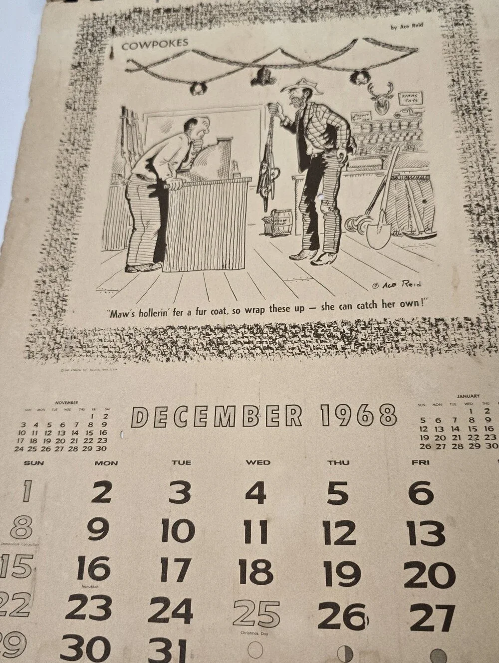 Vintage 1968 Cowboy Calendar Ace Reid Western Ranch Humor Calendar Rustic